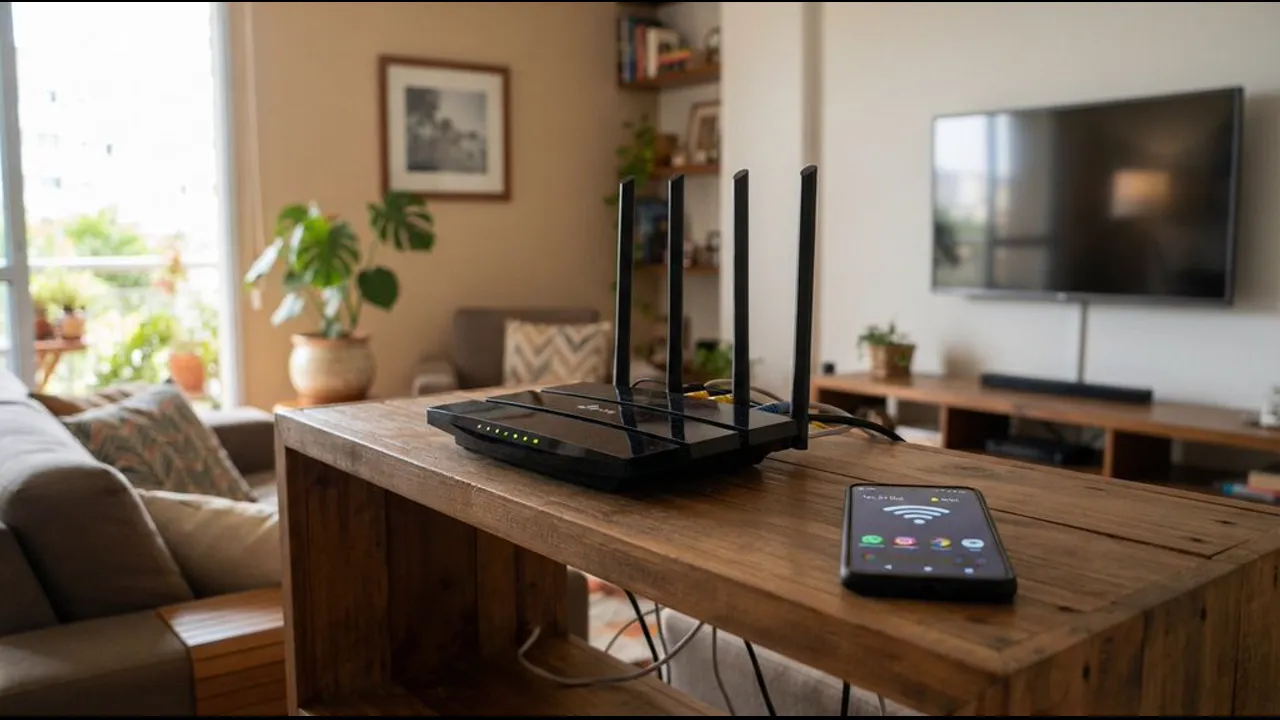 A Wi-Fi router on a wooden table in a living room, with a phone showing a Wi-Fi icon beside it