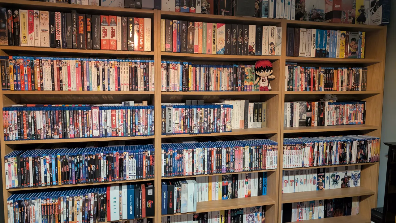 Wooden shelves filled wall-to-wall with anime Blu-ray and DVD box sets