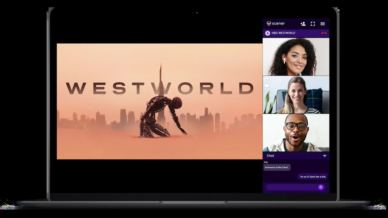A laptop screen showing a virtual watch party, with friends on video chat beside the show and a chat panel