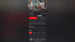 AniFam title page: poster, rating, genre tags, play and download buttons, and an episode list